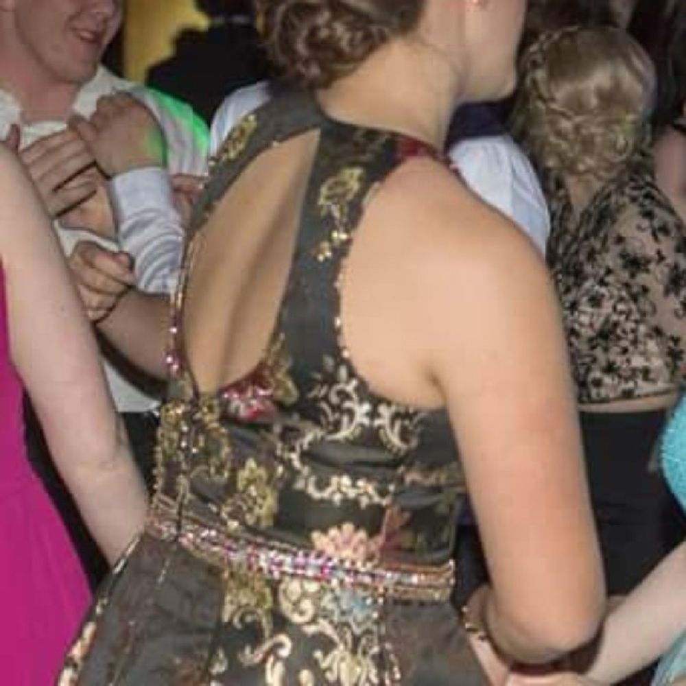 Jovani Ornate Beaded Black and Gold Halter Prom Dress - Picture 16 of 16